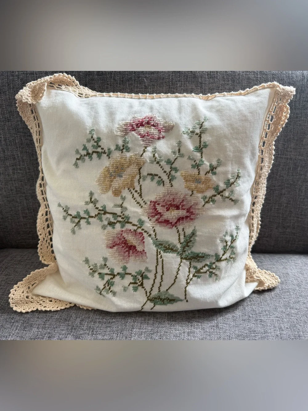 Vintage Floral Cross Stitch Pillow Cover Crochet Lace Trim 16x16